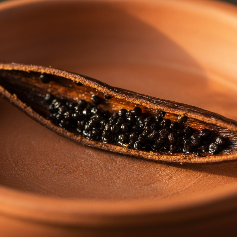 Split vanilla bean in a shallow terracotta bowl