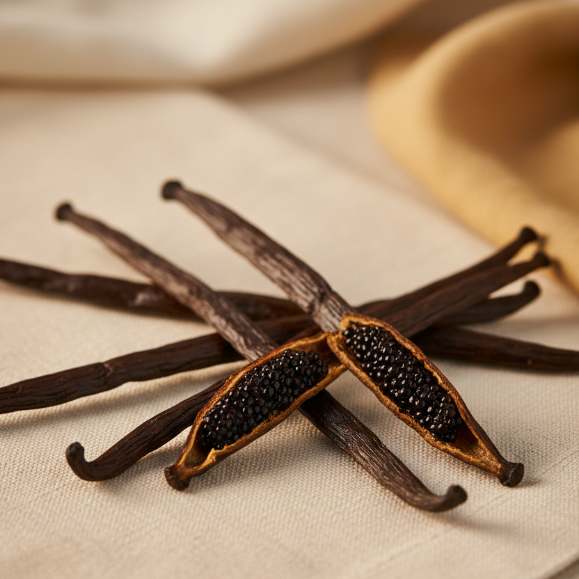 Tahitian vanilla beans arranged in warm natural light