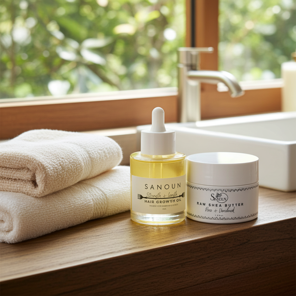 Sanoun Strength and Length Hair Oil and Raw Shea Butter by a sink