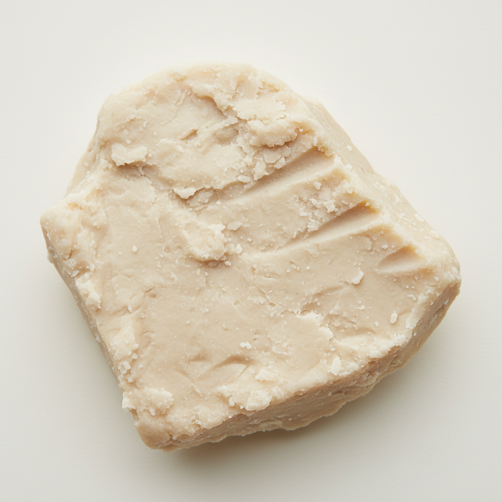 Rough-cut chunk of unrefined raw shea butter