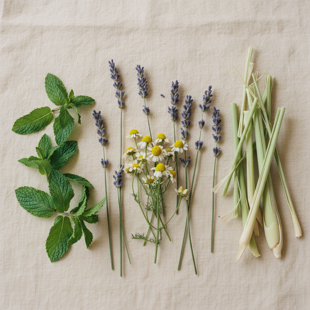 Chamomile, lavender, spearmint, and lemongrass on cream linen