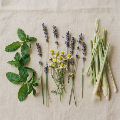 Chamomile, lavender, spearmint, and lemongrass on cream linen