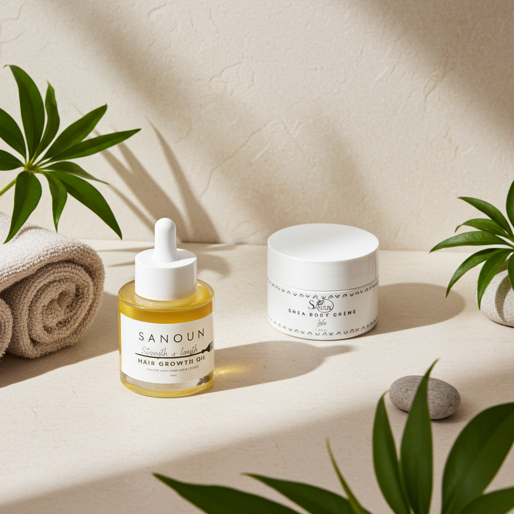 Sanoun hair oil and Lafia body creme in warm natural light