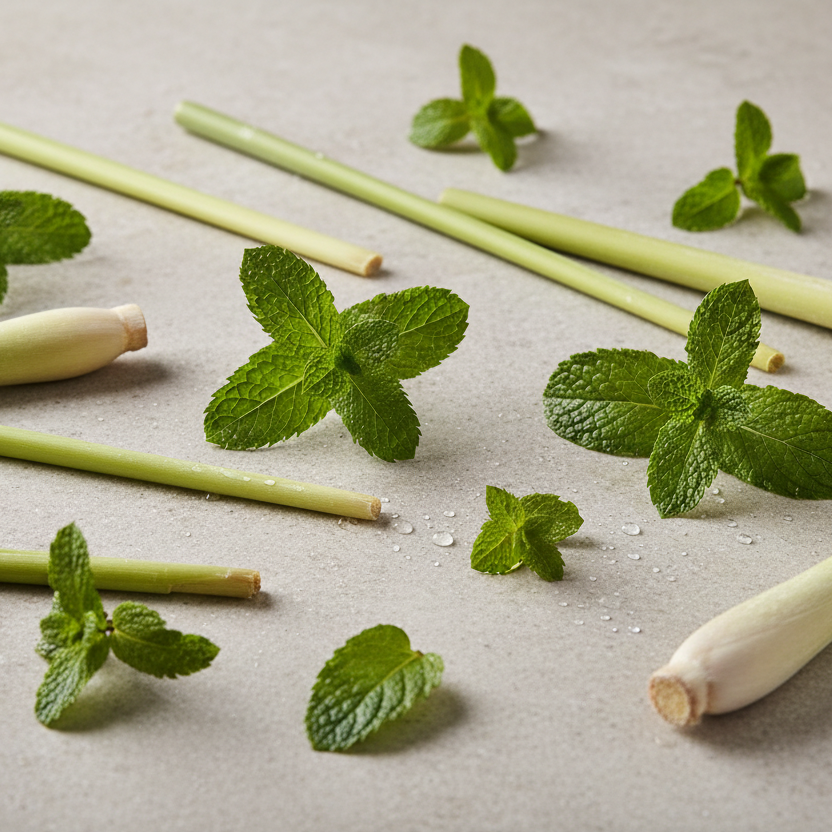 Fresh lemongrass stalks and spearmint leaves on pale stone