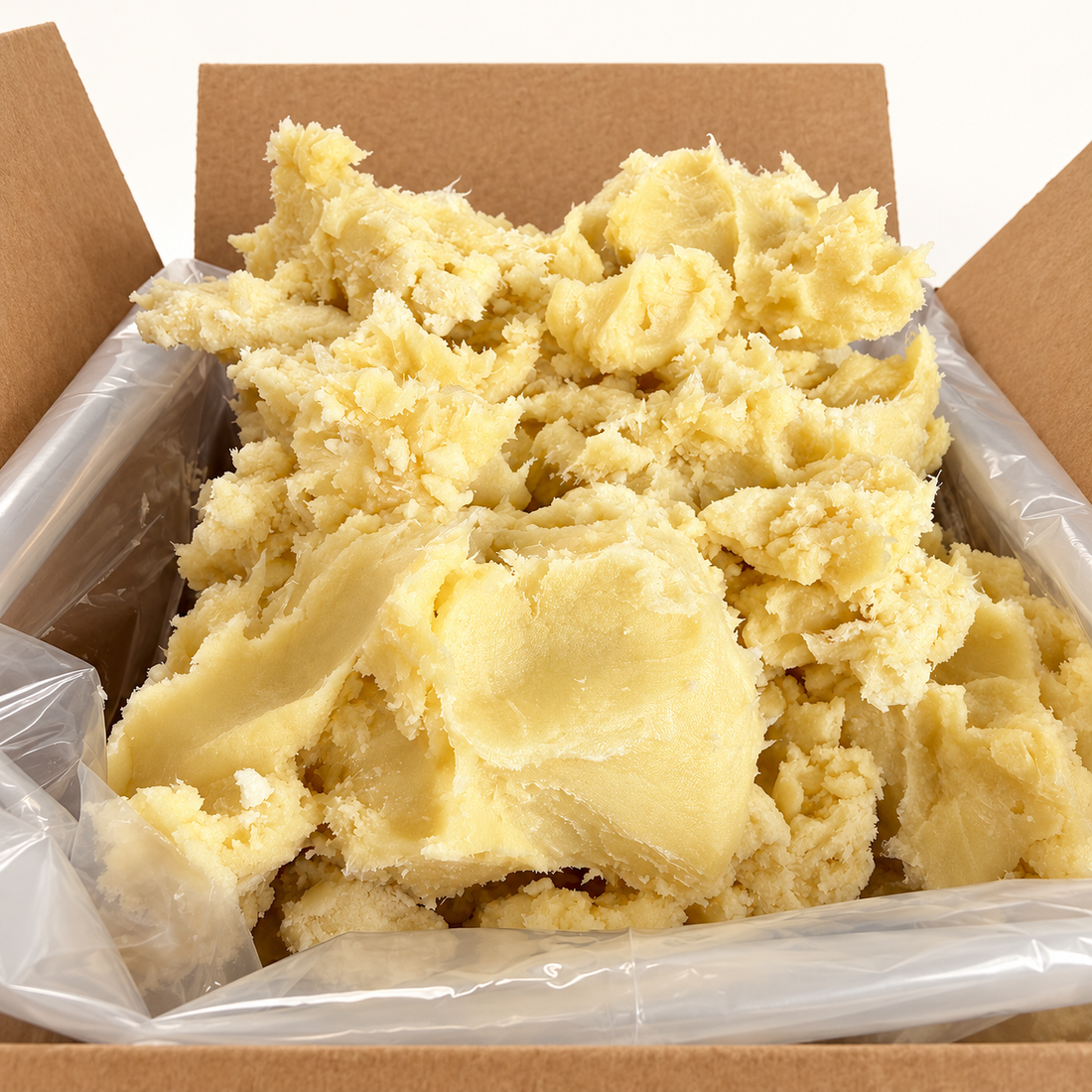 Loose chunks of raw shea butter in a lined kraft carton, front view
