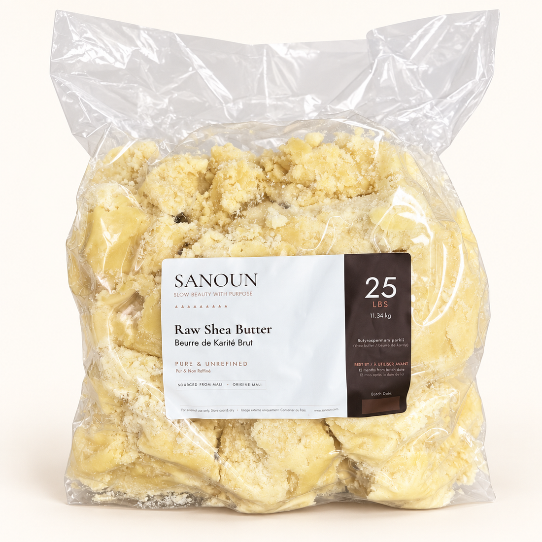 Sanoun 25 lb bag of raw unrefined shea butter in loose chunks