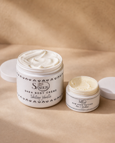 Open Vanilla Body Crème and Raw Shea Butter showing their different textures