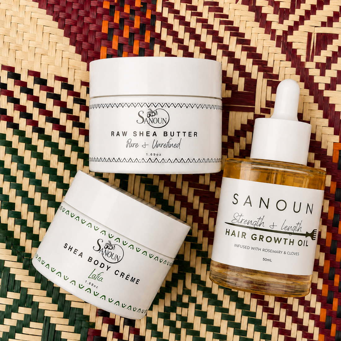 The Sarata Ritual set with Raw Shea Butter, Lafia Shea Body Creme, and Strength & Length Hair Growth Oil